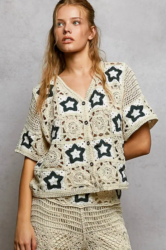 POL Button Front V-Neck Crochet Cardigan with Contast Star made by Trendsi