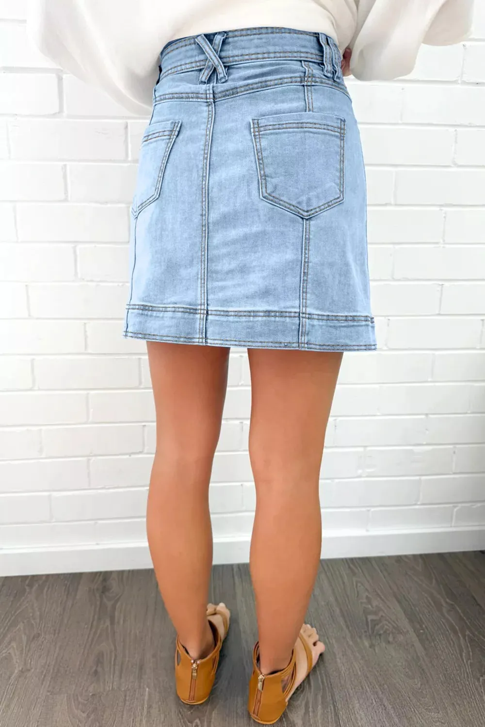 Exposed Seam Detail A-line Denim Mini Skirt with Pockets sold by Charming Charlie product image thumbnail 3