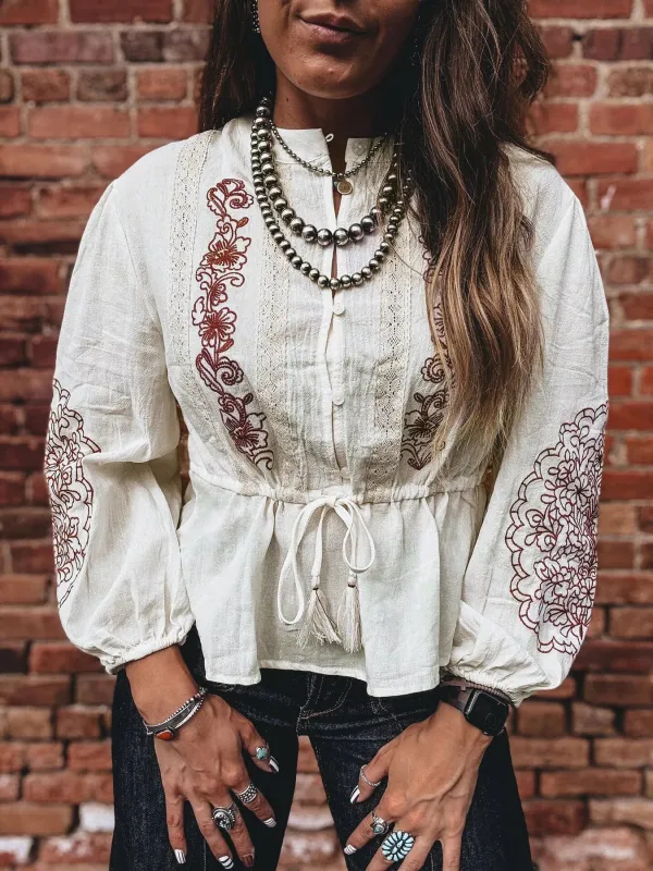 Embroidered Drawstring Waist Blouse made by Trendsi