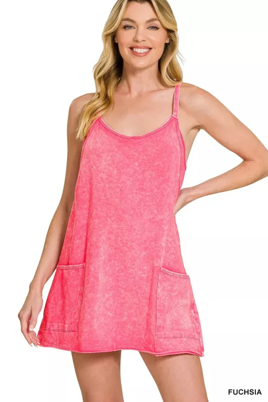 Zenana Acid Washed Mini Dress With Built-in Romper Liner sold by Charming Charlie