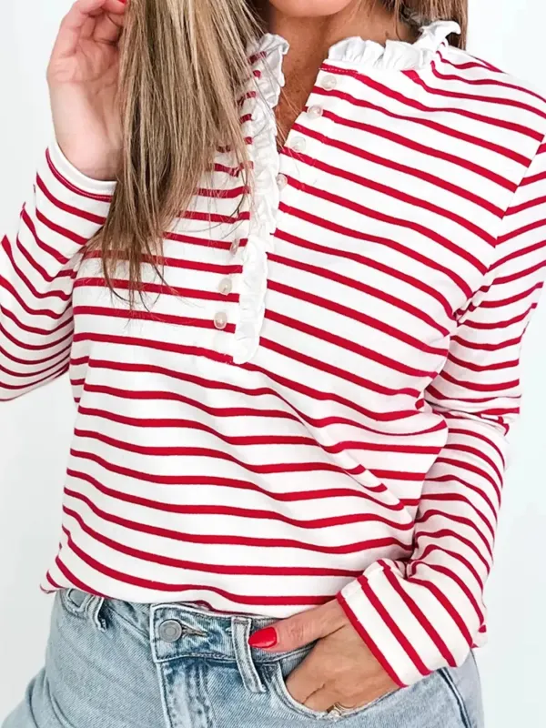 Stripe Contrast Frilled Trim Half Button Long Sleeve Top made by Trendsi