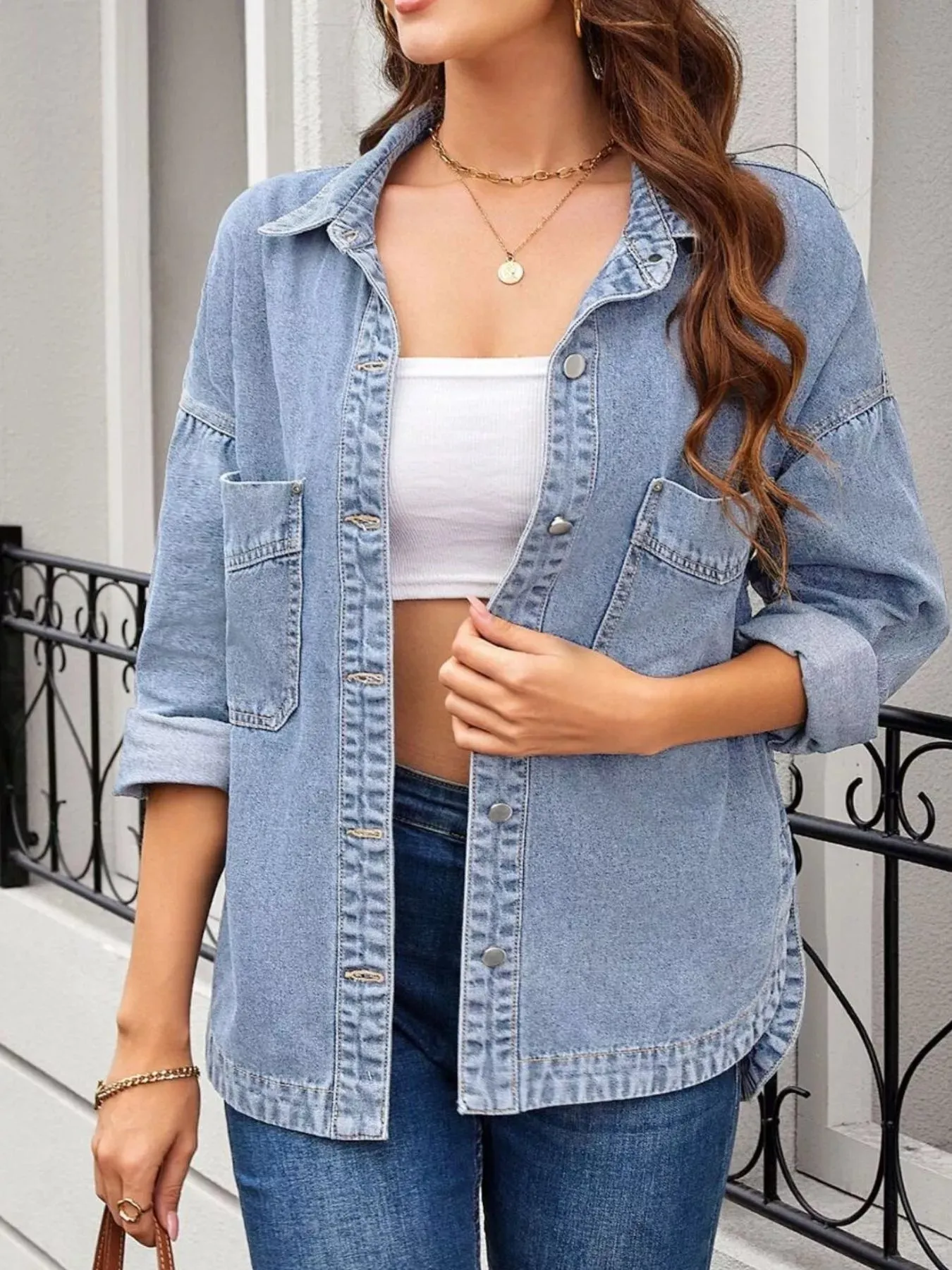 Casual Button Up Loose Fit Denim Jacket sold by Charming Charlie product image thumbnail 4