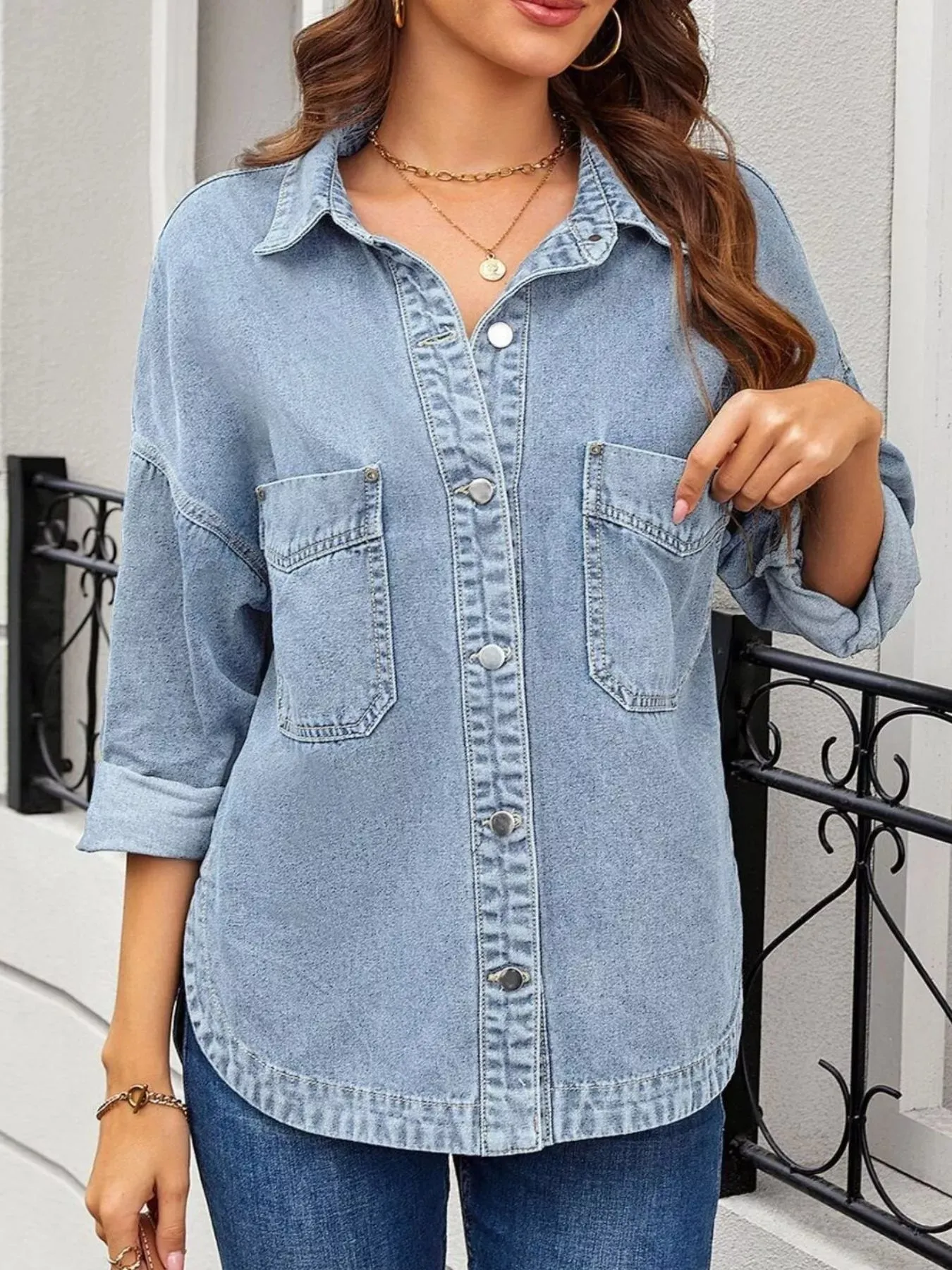 Casual Button Up Loose Fit Denim Jacket sold by Charming Charlie product image thumbnail 2