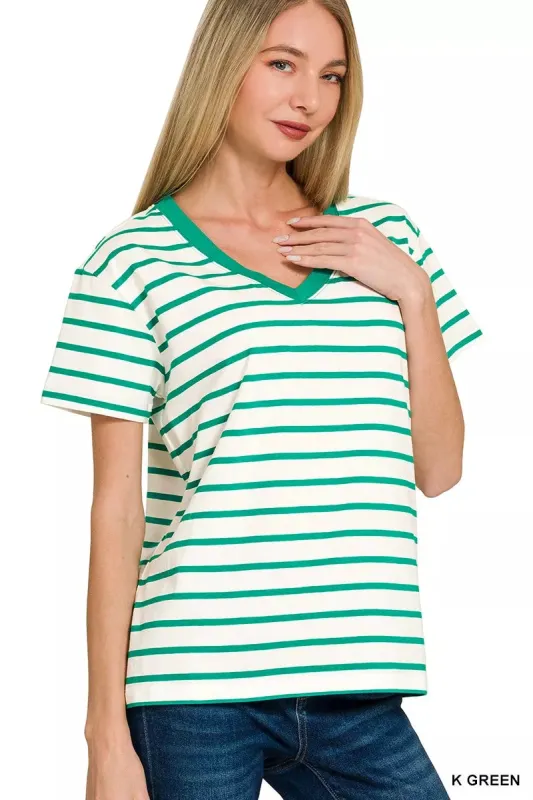 Zenana Striped V-Neck Short Sleeve T-Shirt sold by Charming Charlie