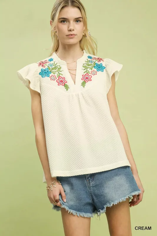 Umgee Embroidered Flutter Sleeve Blouse sold by Charming Charlie
