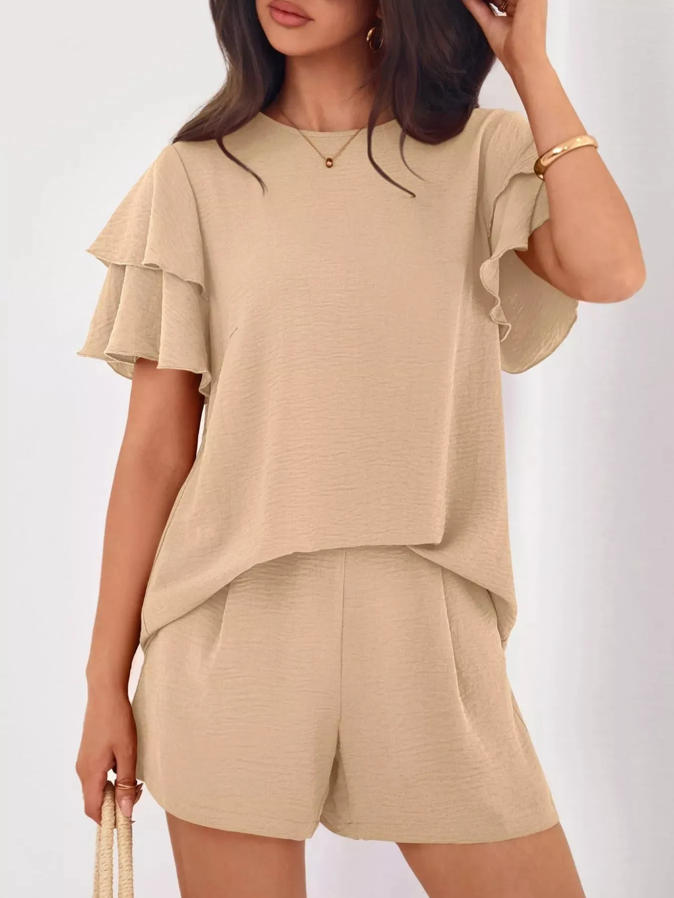 Ruffle Sleeve Top and Shorts Two-Piece Set sold by Charming Charlie