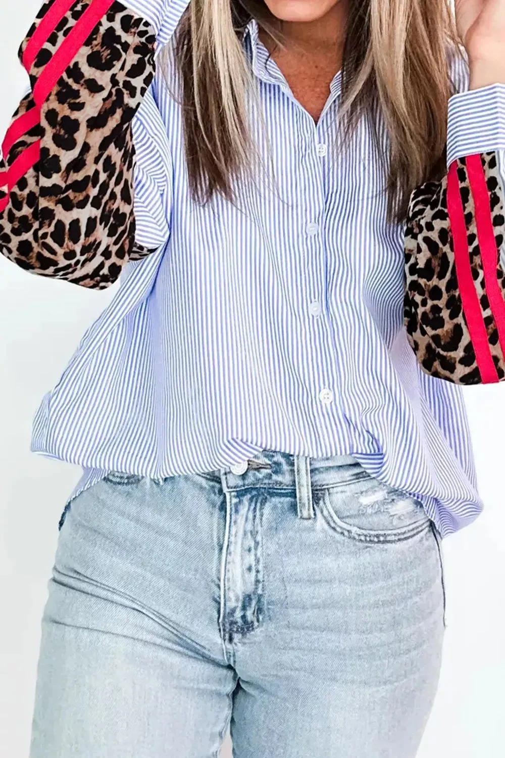 Stripe Contrasted Varsity Stripe Leopard Patchwork Button Down Shirt sold by Charming Charlie product image thumbnail 3