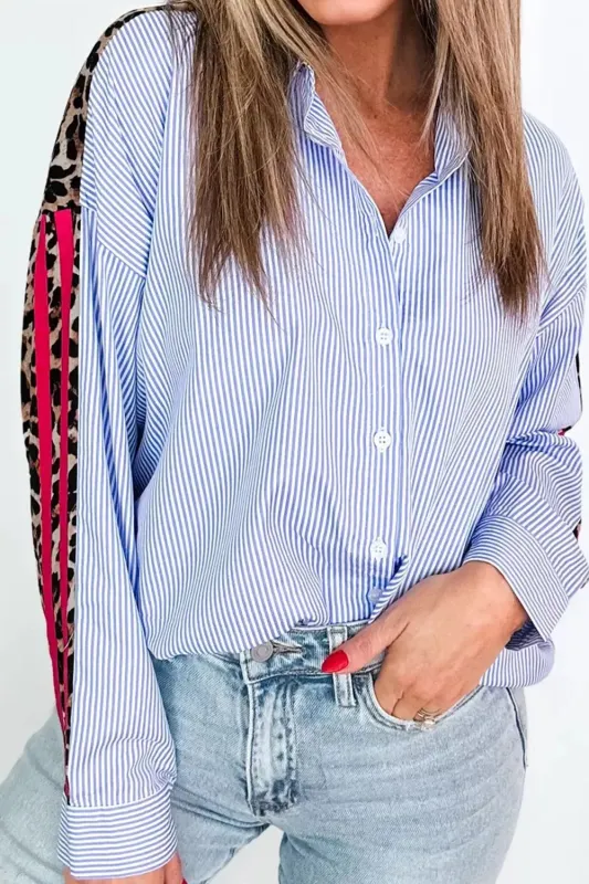 Stripe Contrasted Varsity Stripe Leopard Patchwork Button Down Shirt sold by Charming Charlie