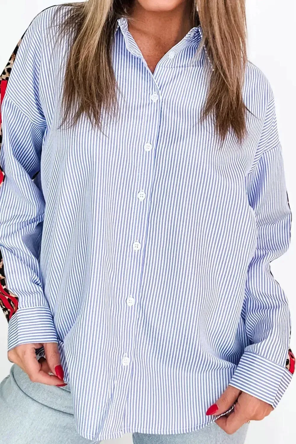 Stripe Contrasted Varsity Stripe Leopard Patchwork Button Down Shirt sold by Charming Charlie product image thumbnail 5