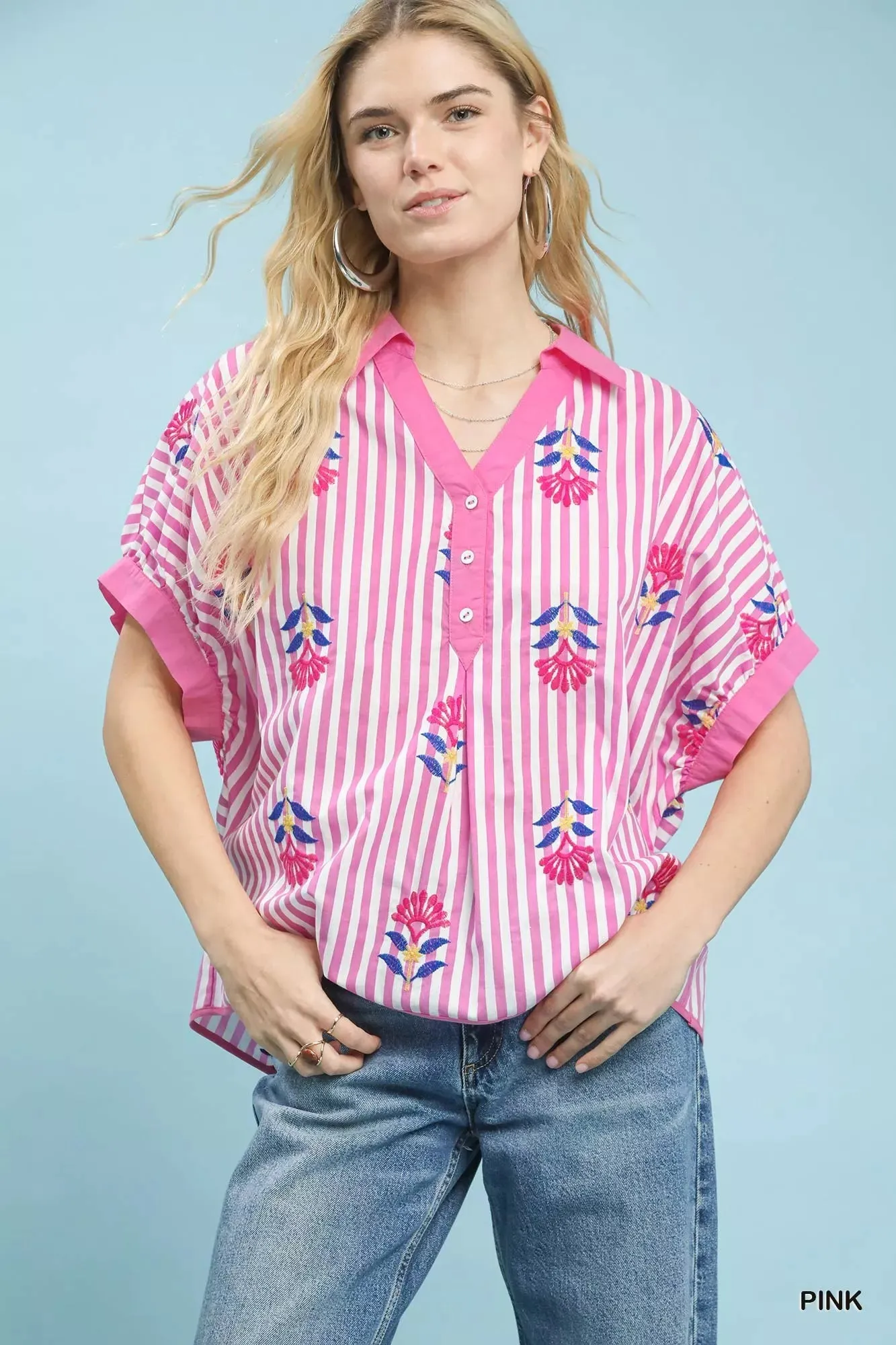 Umgee Stripe Embroidered Button-Front Boho Blouse sold by Charming Charlie