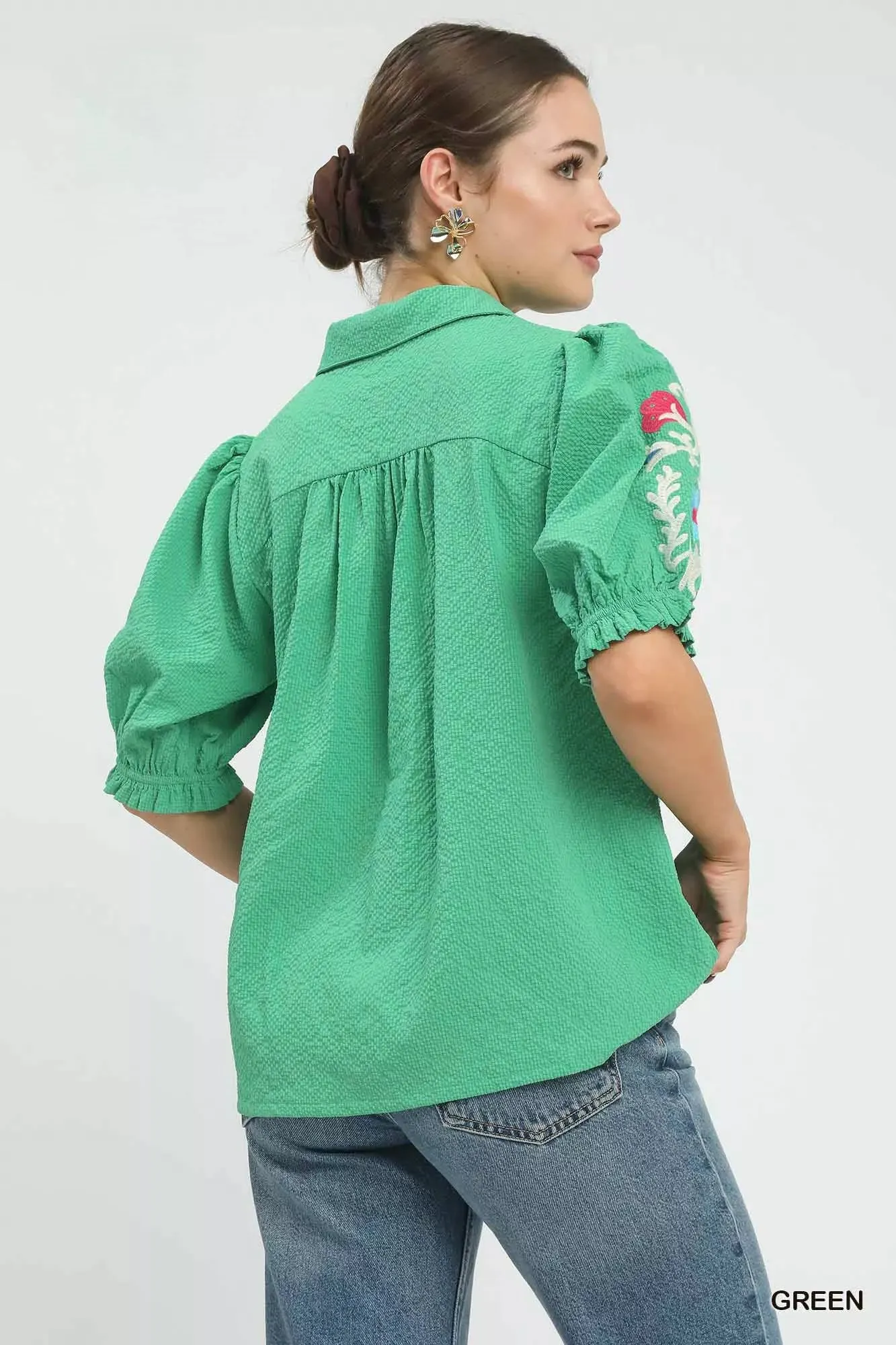 Umgee Seersucker Embroidered Sleeve Blouse sold by Charming Charlie product image thumbnail 4