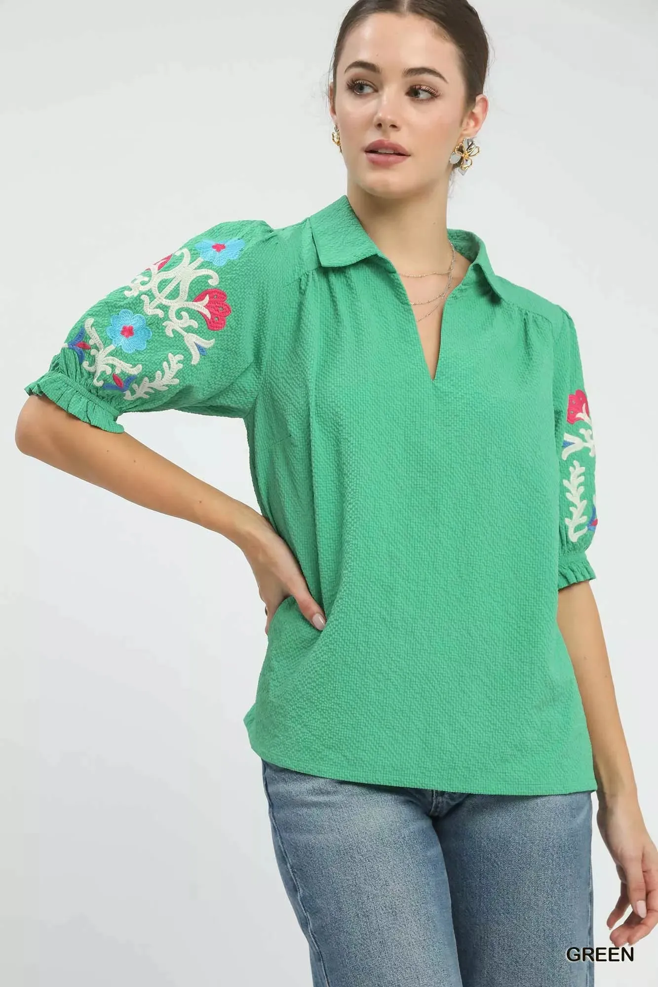 Umgee Seersucker Embroidered Sleeve Blouse sold by Charming Charlie