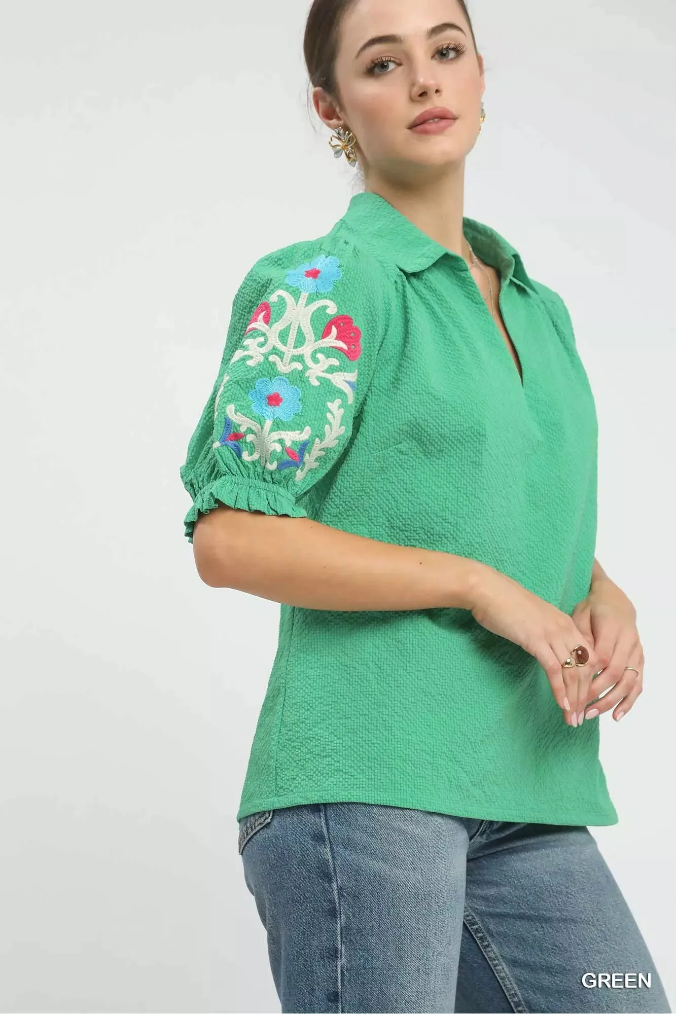 Umgee Seersucker Embroidered Sleeve Blouse sold by Charming Charlie product image thumbnail 2