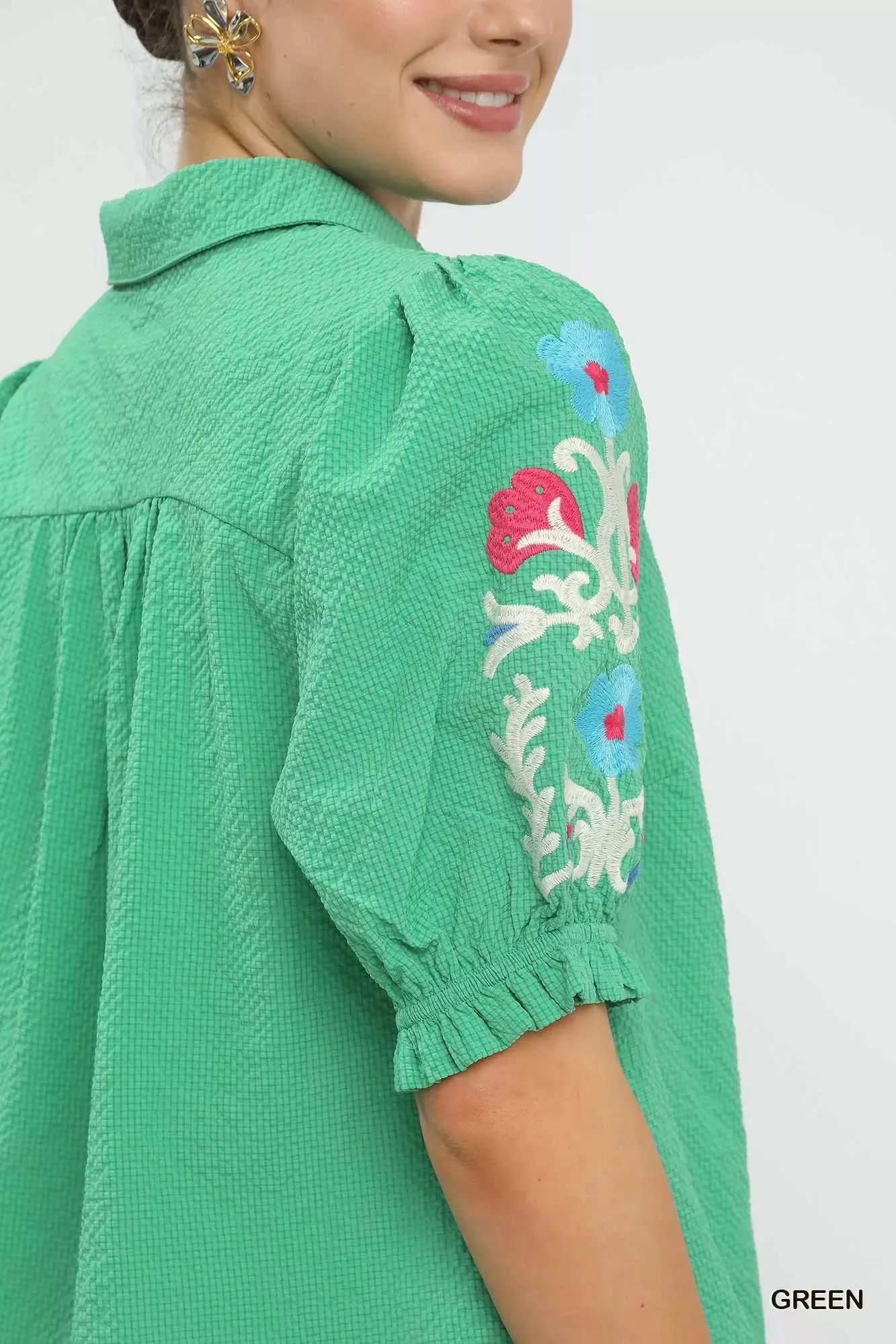 Umgee Seersucker Embroidered Sleeve Blouse sold by Charming Charlie product image thumbnail 3