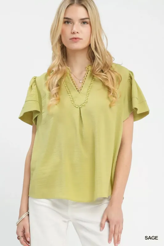 Umgee Seersucker Short Sleeve Top with Lace Trim made by Trendsi