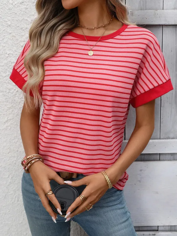 Striped Ribbed Knit Short Sleeve T-Shirt sold by Charming Charlie