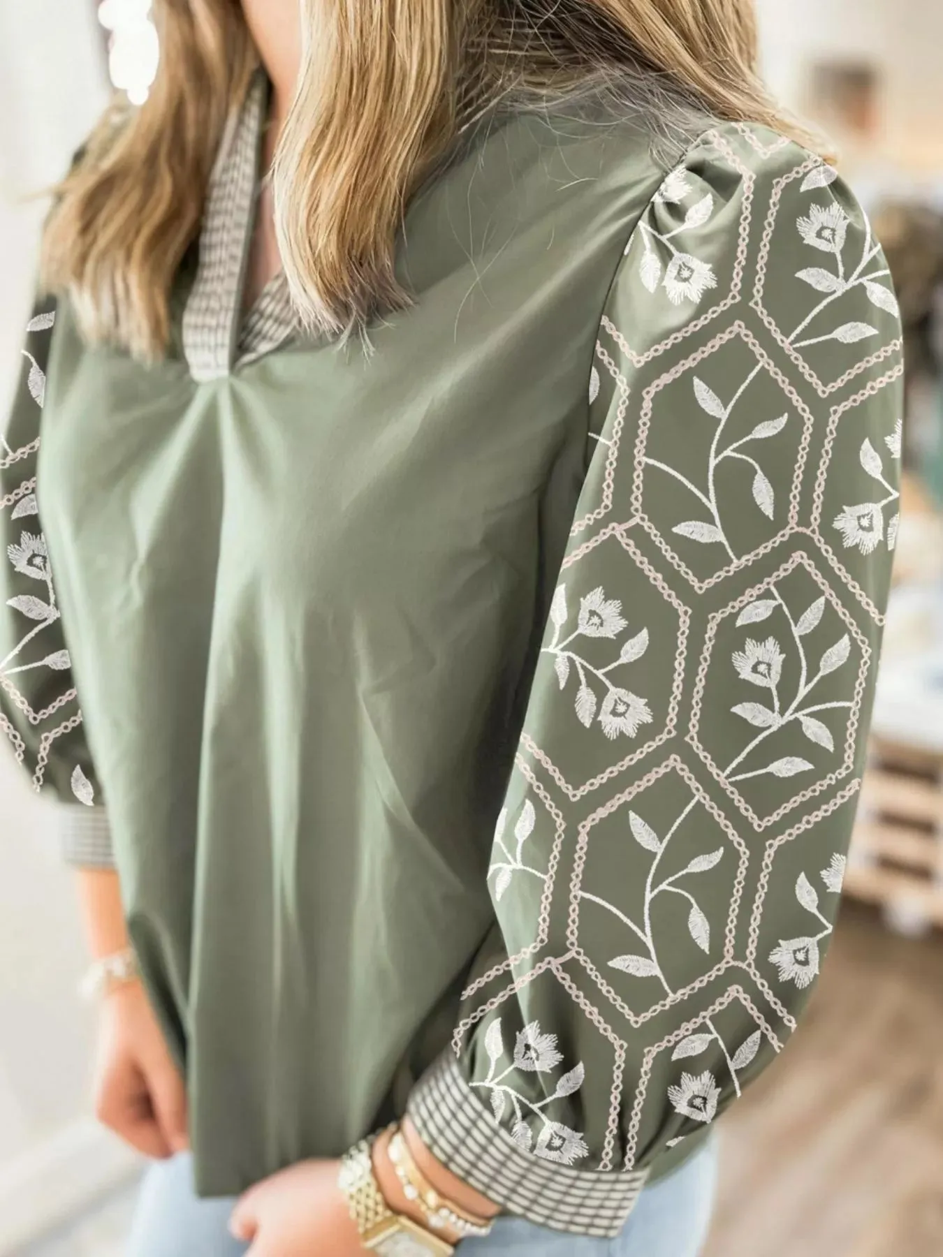 Floral Puff Sleeve Contrast V Neck Patchwork Blouse sold by Charming Charlie product image thumbnail 3