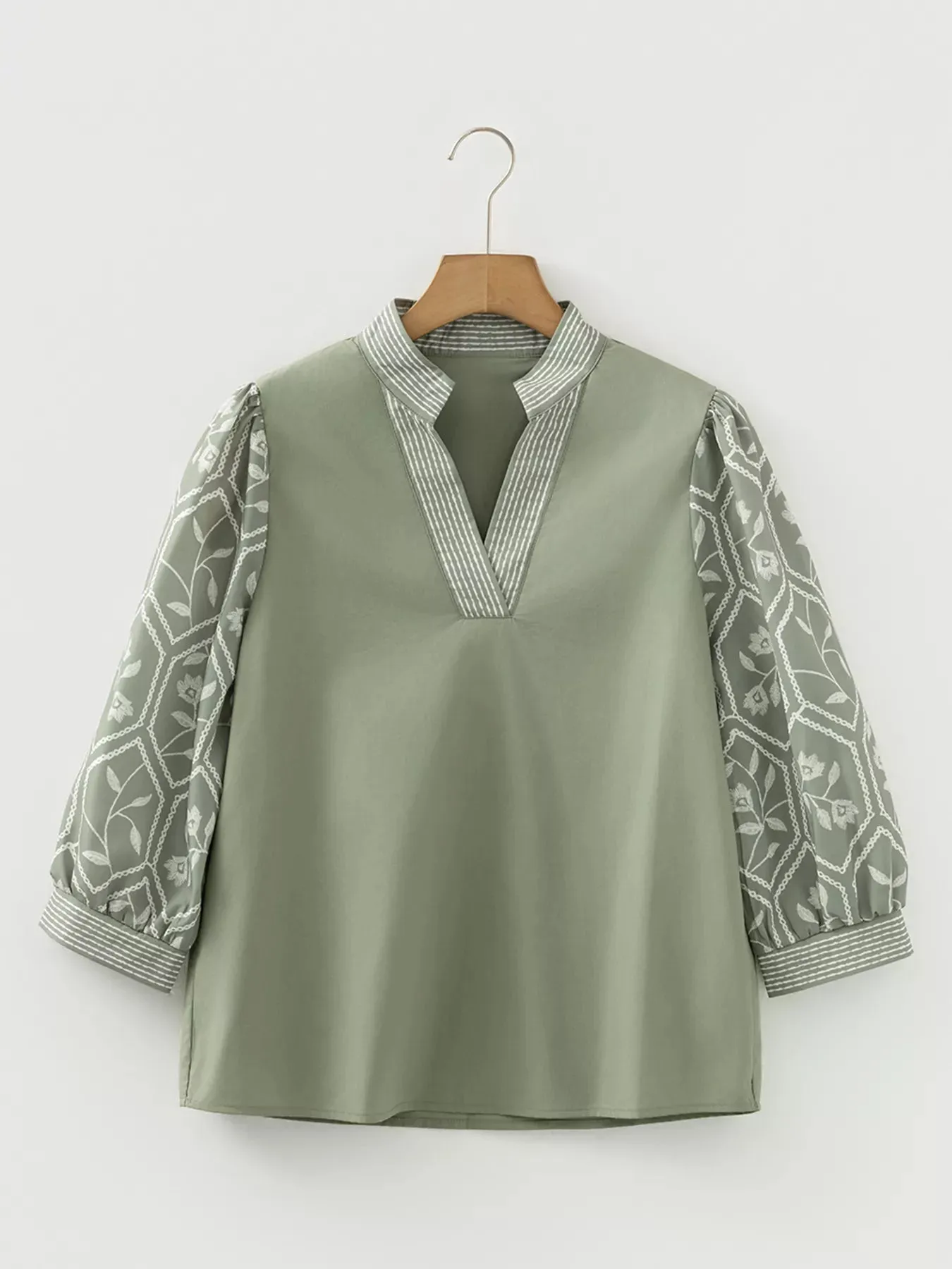 Floral Puff Sleeve Contrast V Neck Patchwork Blouse sold by Charming Charlie product image thumbnail 4