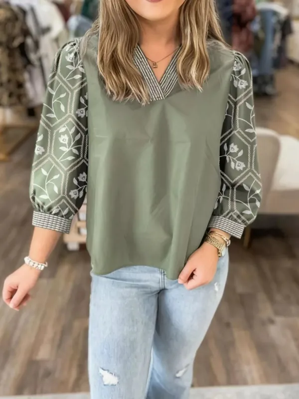 Floral Puff Sleeve Contrast V Neck Patchwork Blouse sold by Charming Charlie