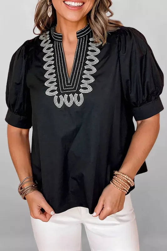 Short Puff Sleeve Contrast Embroidered Detail V Neck Blouse sold by Charming Charlie