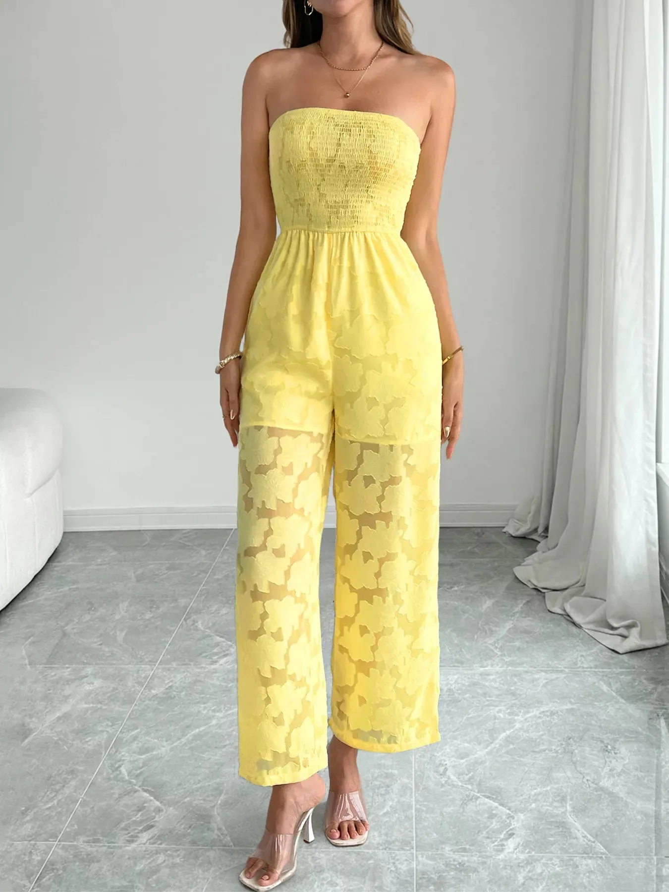 Lace Smocked Tube Jumpsuit sold by Charming Charlie