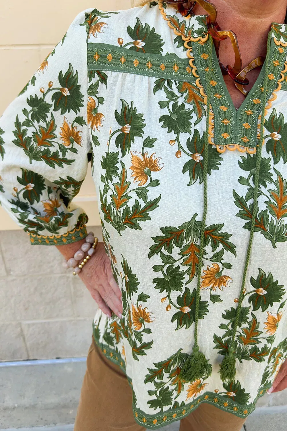 Plus Size Floral Printed Contrast Patchwork Detail Tassel Tie 3/4 Sleeve Blouse sold by Charming Charlie product image thumbnail 2