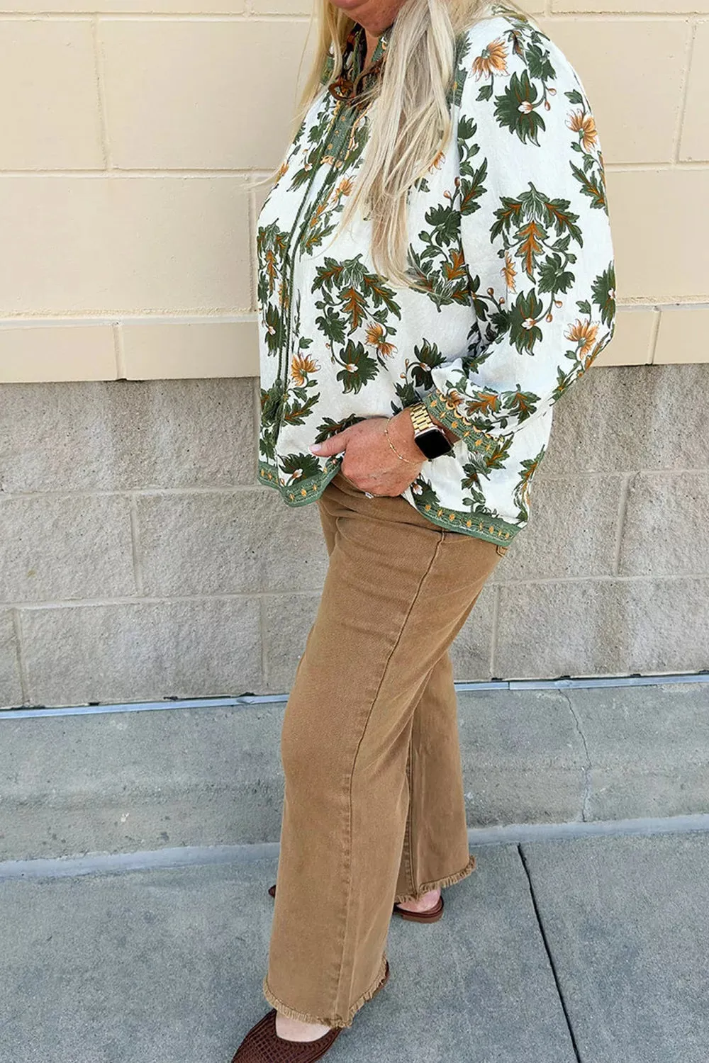Plus Size Floral Printed Contrast Patchwork Detail Tassel Tie 3/4 Sleeve Blouse sold by Charming Charlie product image thumbnail 4