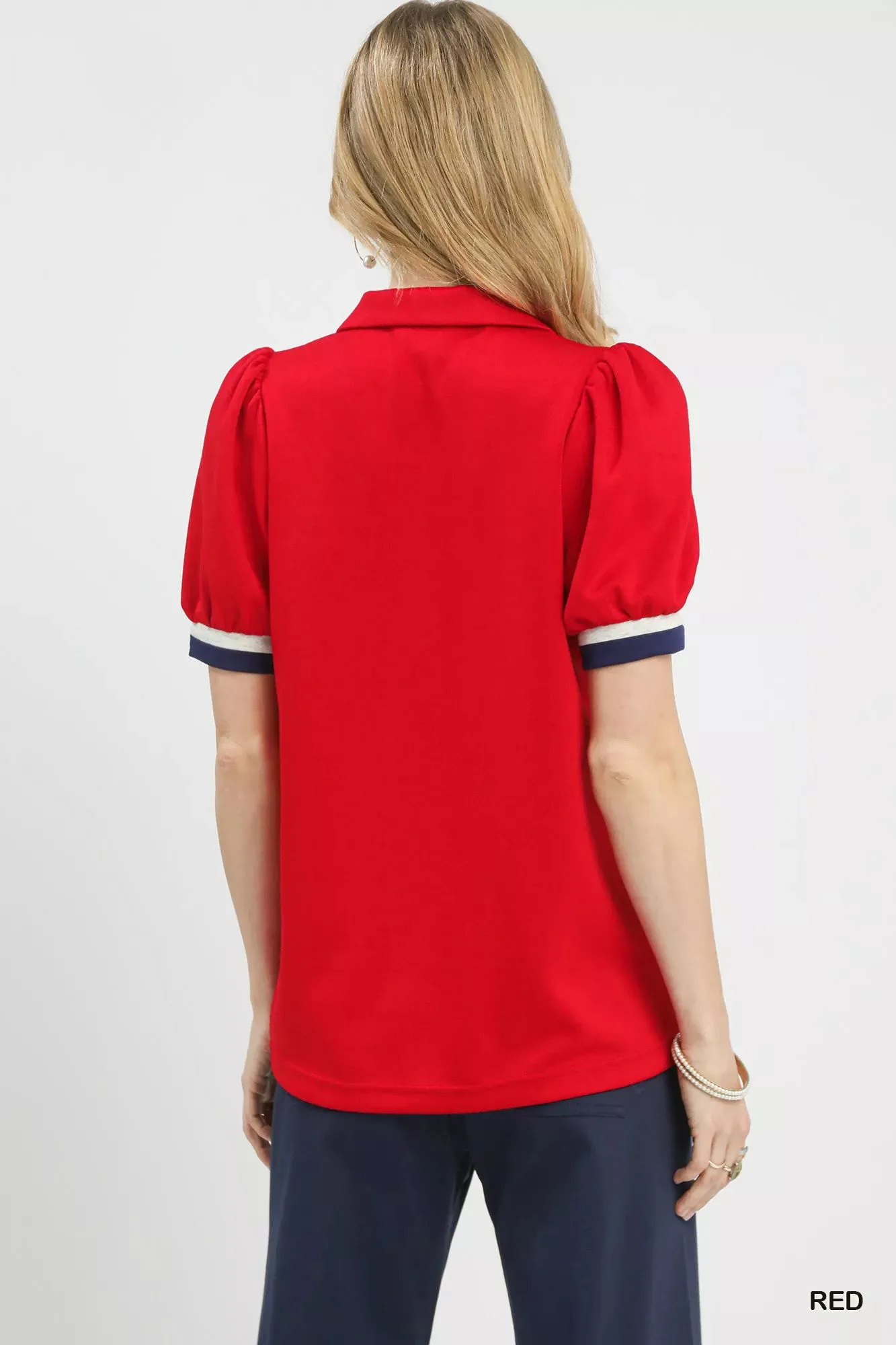 Umgee Puff Sleeve Zip Front Top with Contrast Striped Trim sold by Charming Charlie product image thumbnail 3