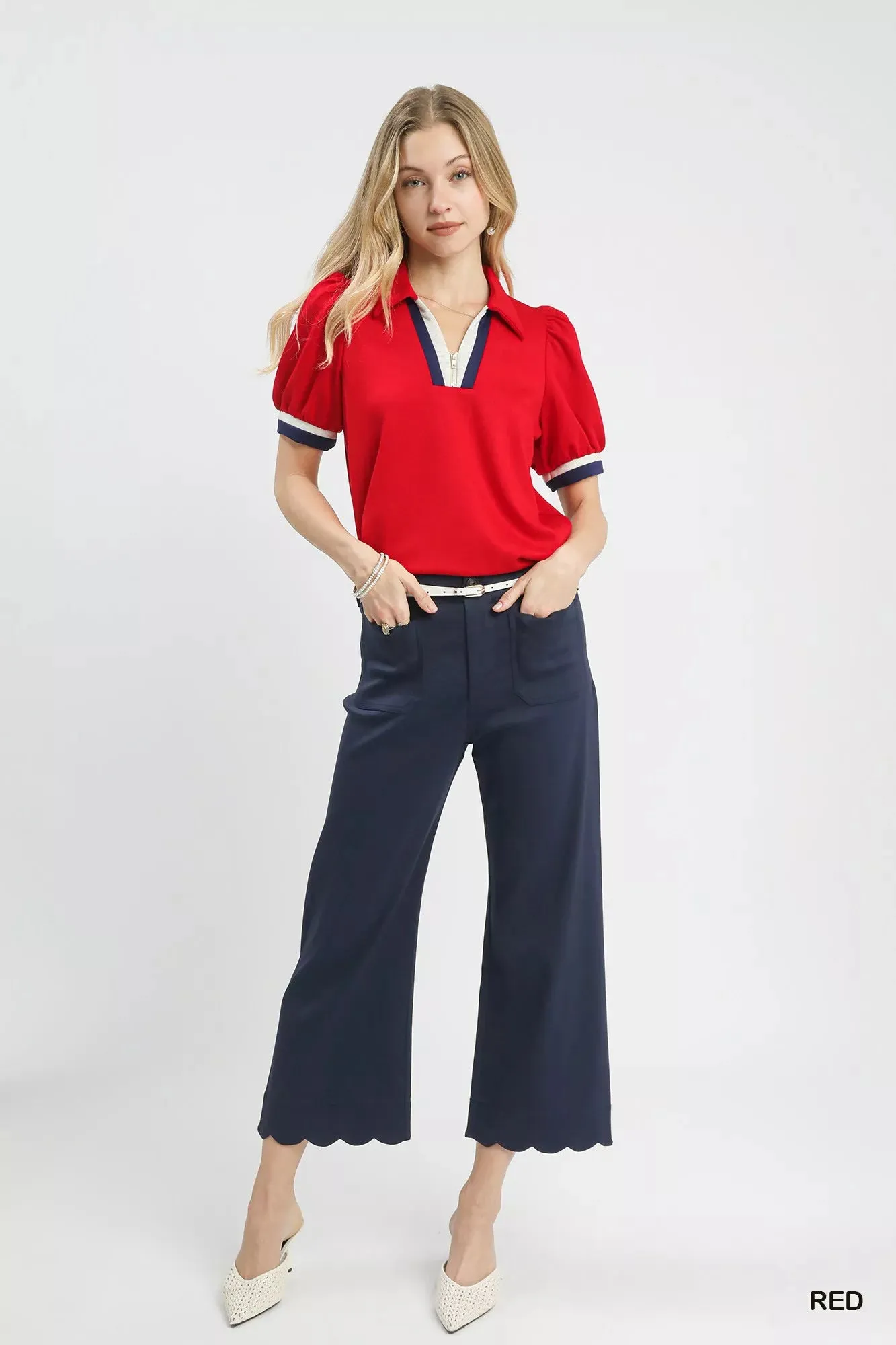 Umgee Puff Sleeve Zip Front Top with Contrast Striped Trim sold by Charming Charlie product image thumbnail 5