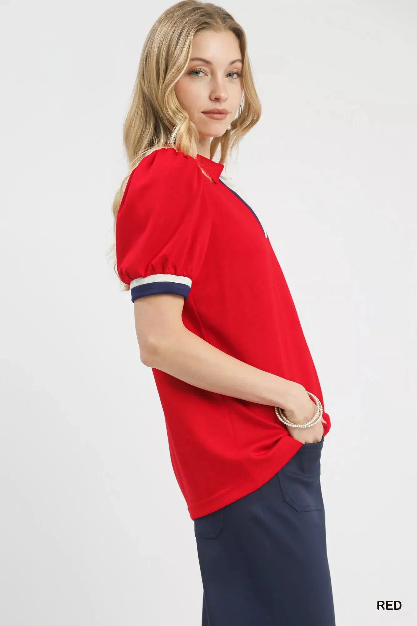 Umgee Puff Sleeve Zip Front Top with Contrast Striped Trim sold by Charming Charlie product image thumbnail 2