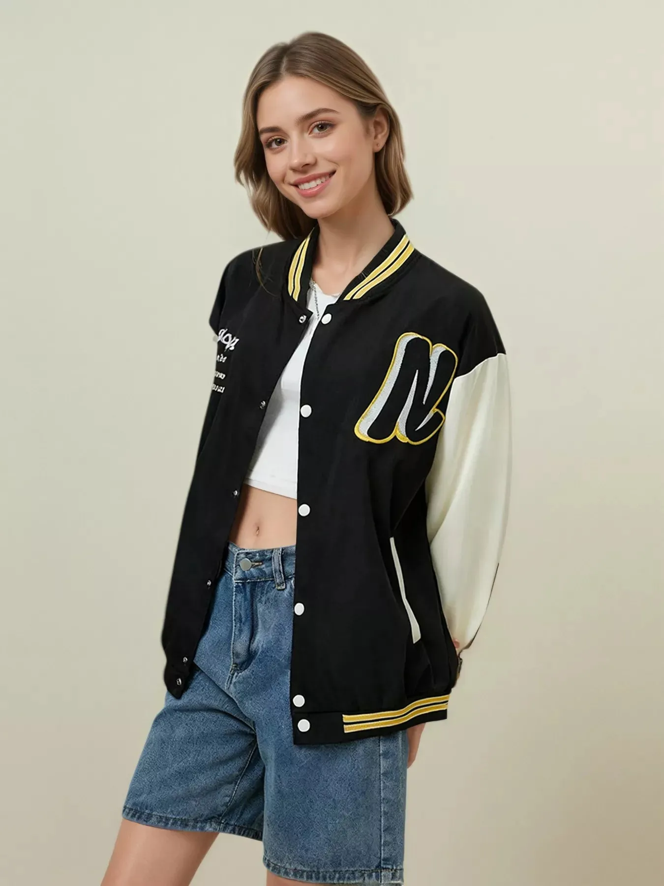 Plus Size Contrast Sleeves Snap Down Jacket sold by Charming Charlie