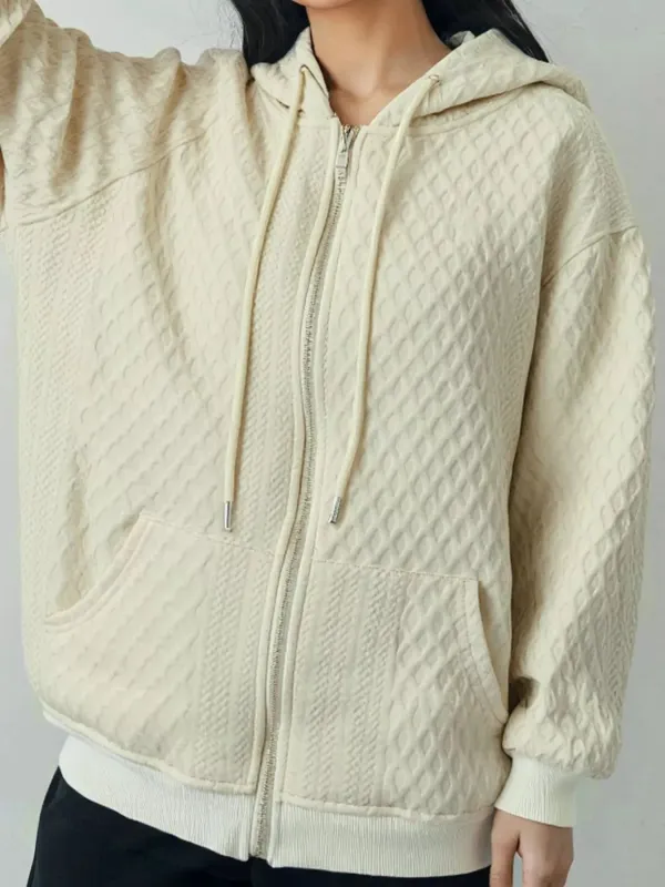 Textured Knit Zip-Up Hoodie made by Trendsi