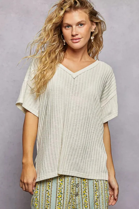 POL Ribbed Knit V-Neck Short Sleeve T-Shirt with Side Slit sold by Charming Charlie