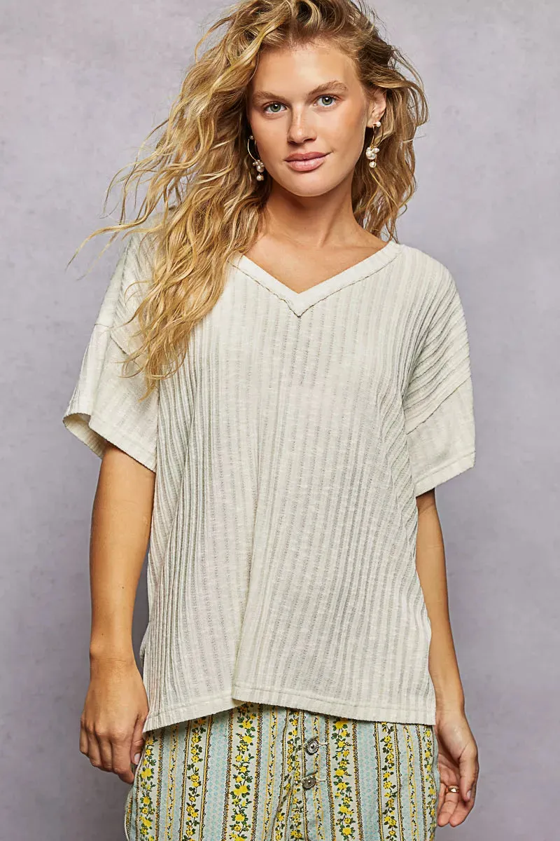 POL Ribbed Knit V-Neck Short Sleeve T-Shirt with Side Slit sold by Charming Charlie