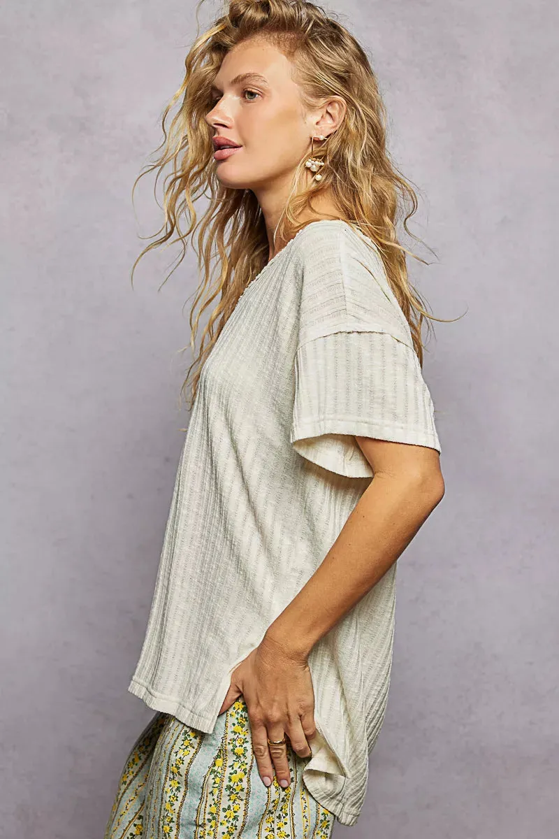 POL Ribbed Knit V-Neck Short Sleeve T-Shirt with Side Slit sold by Charming Charlie product image thumbnail 3