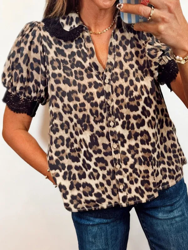 Leopard Print Button Down Lace Trim Short Sleeve Shirt sold by Charming Charlie