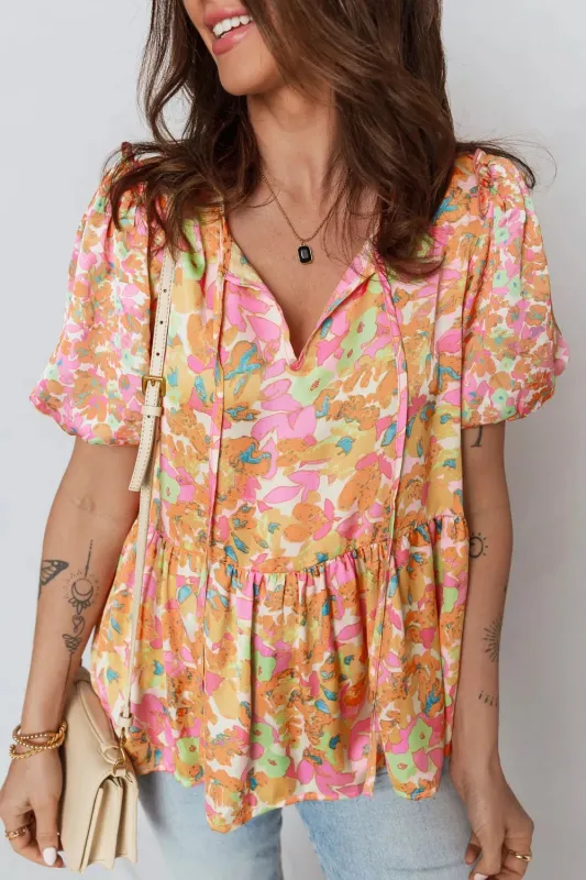 Split V Neck Short Sleeve Flower Blouse sold by Charming Charlie