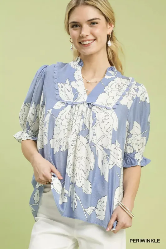 Umgee Peony Illustration Print Top with Scalloped Trim made by Trendsi