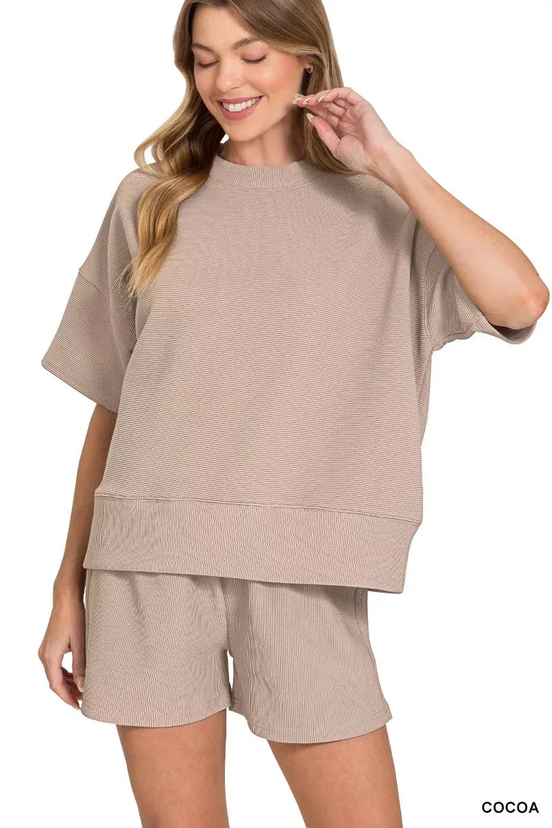 Zenana Ribbed Round Neck Waist Banded Tee & Shorts Set sold by Charming Charlie