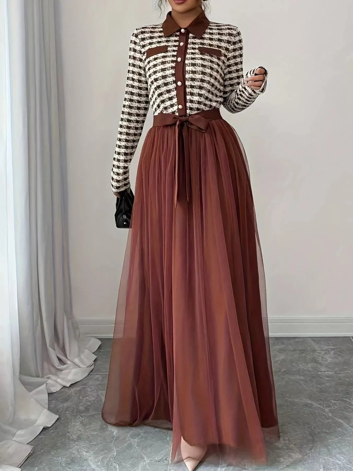 Plaid Long Sleeve Tulle Maxi Dress sold by Charming Charlie product image thumbnail 4