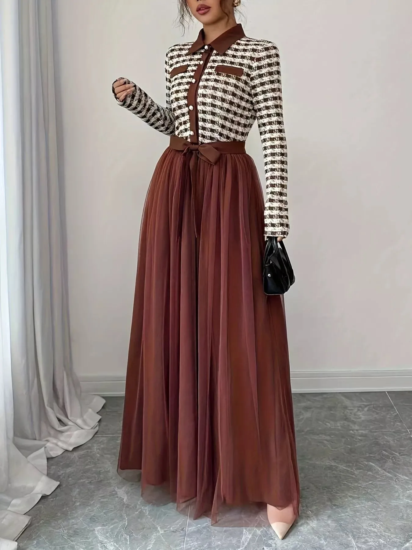Plaid Long Sleeve Tulle Maxi Dress sold by Charming Charlie product image thumbnail 2