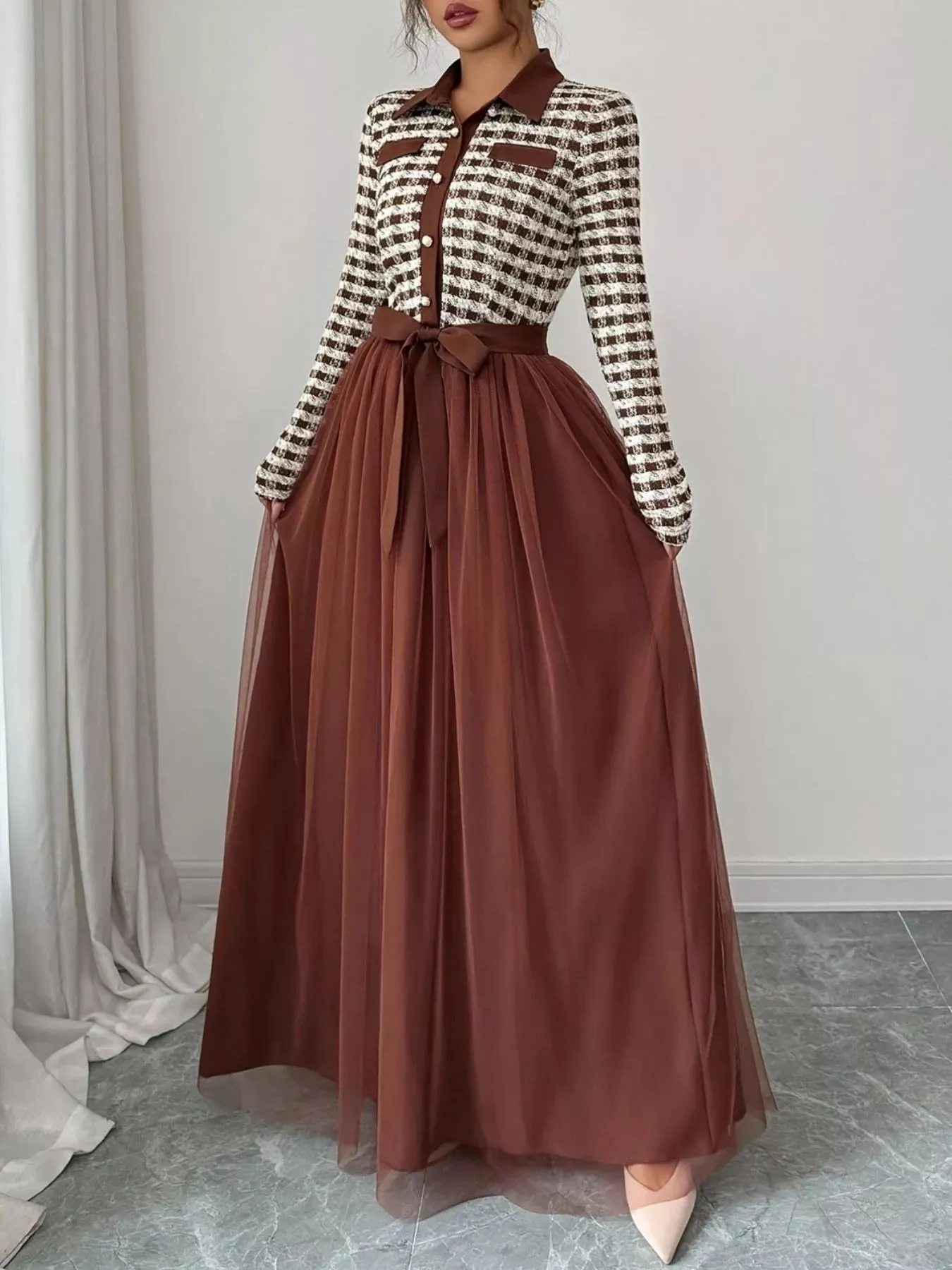 Plaid Long Sleeve Tulle Maxi Dress sold by Charming Charlie product image thumbnail 3