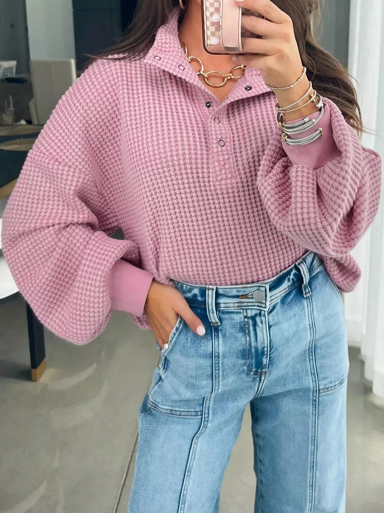 Textured Snap Button Collared Baggy Top sold by Charming Charlie