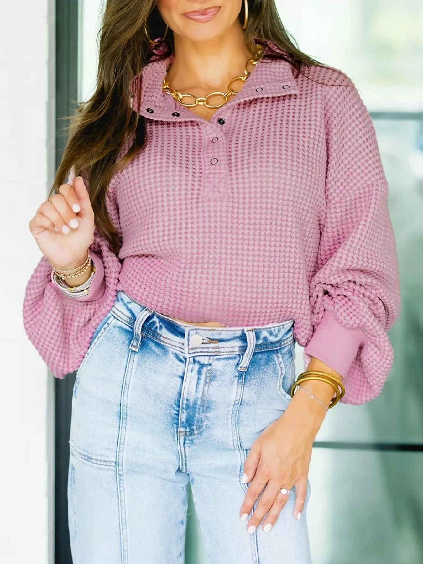 Textured Snap Button Collared Baggy Top sold by Charming Charlie product image thumbnail 2