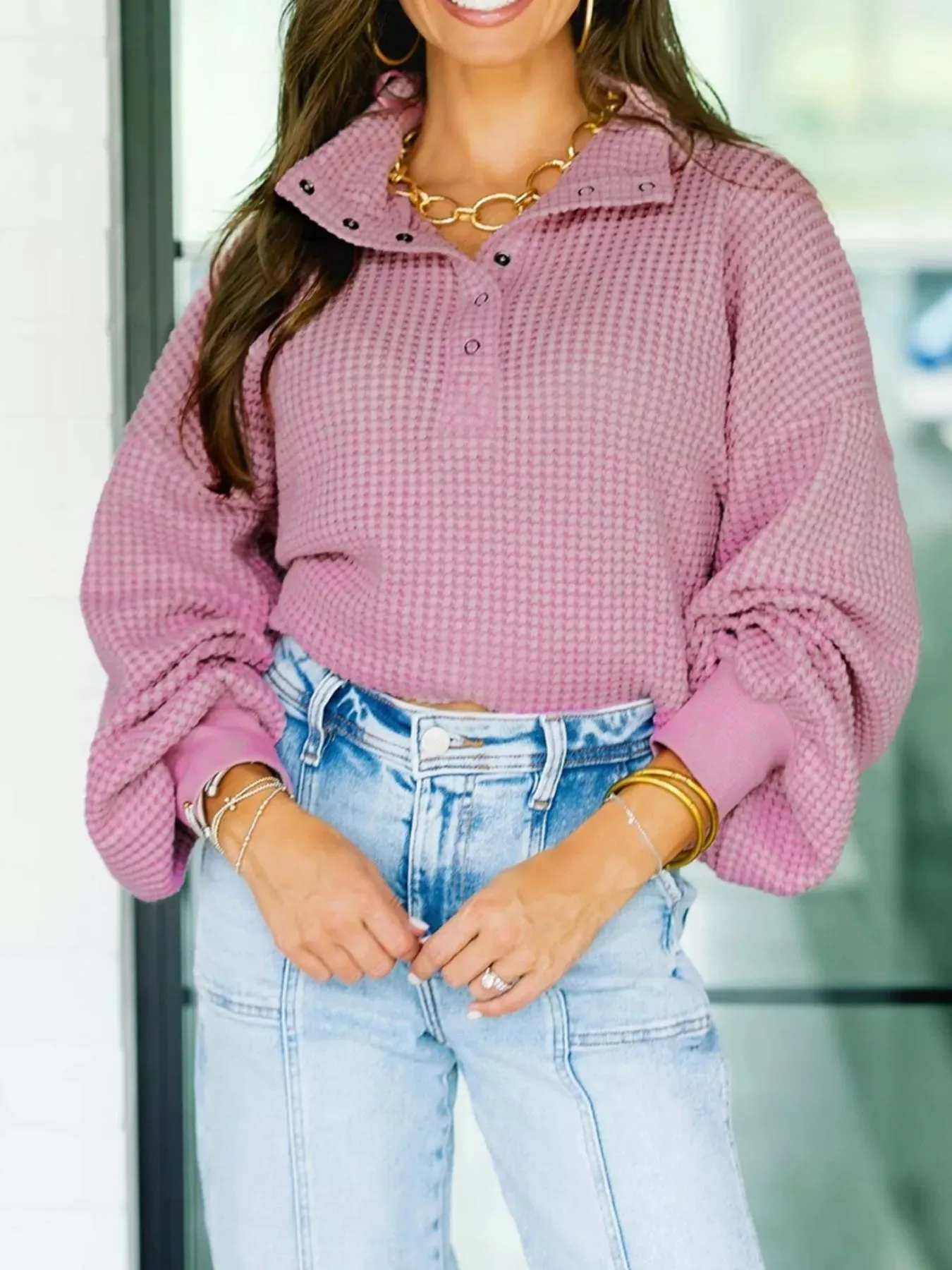 Textured Snap Button Collared Baggy Top sold by Charming Charlie product image thumbnail 3