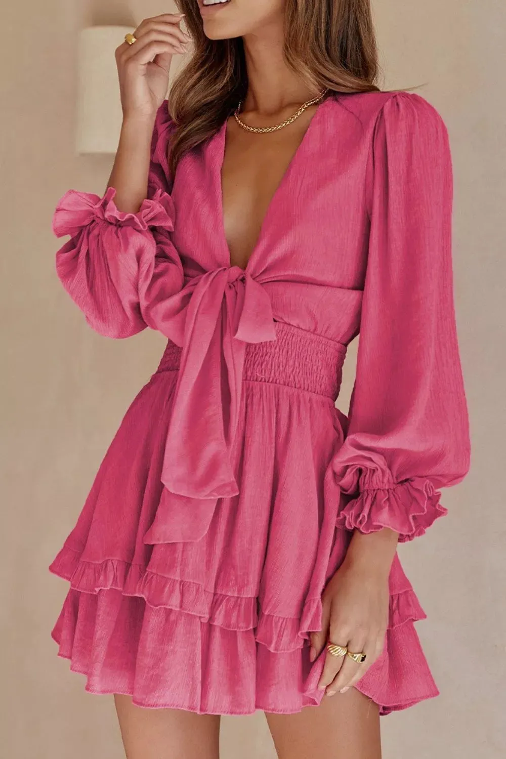 Elegant Tie-Front Ruffle Mini Dress with Smocked Wiast sold by Charming Charlie product image thumbnail 3