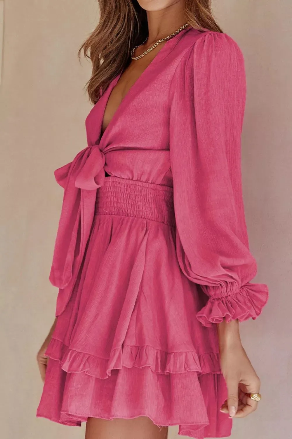 Elegant Tie-Front Ruffle Mini Dress with Smocked Wiast sold by Charming Charlie product image thumbnail 4