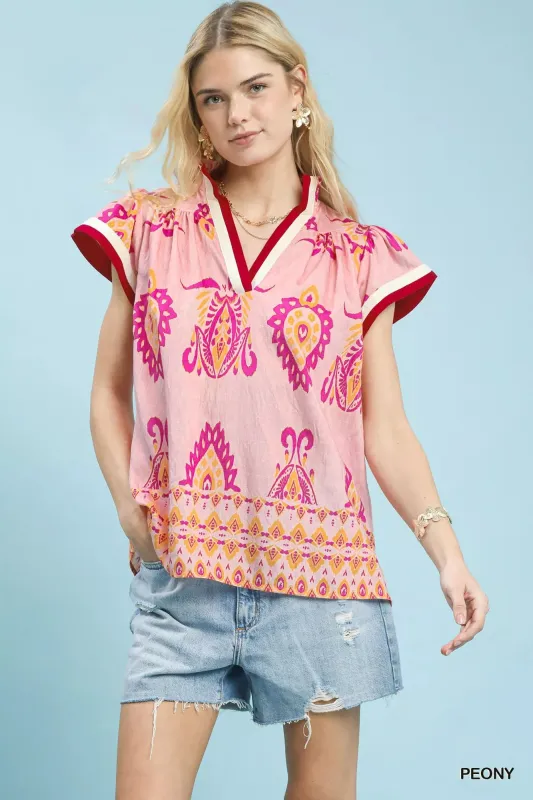 Umgee Border Print Split-Neck Boho Top sold by Charming Charlie