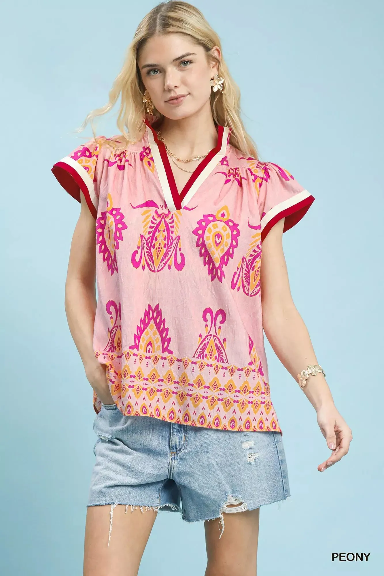 Umgee Border Print Split-Neck Boho Top sold by Charming Charlie