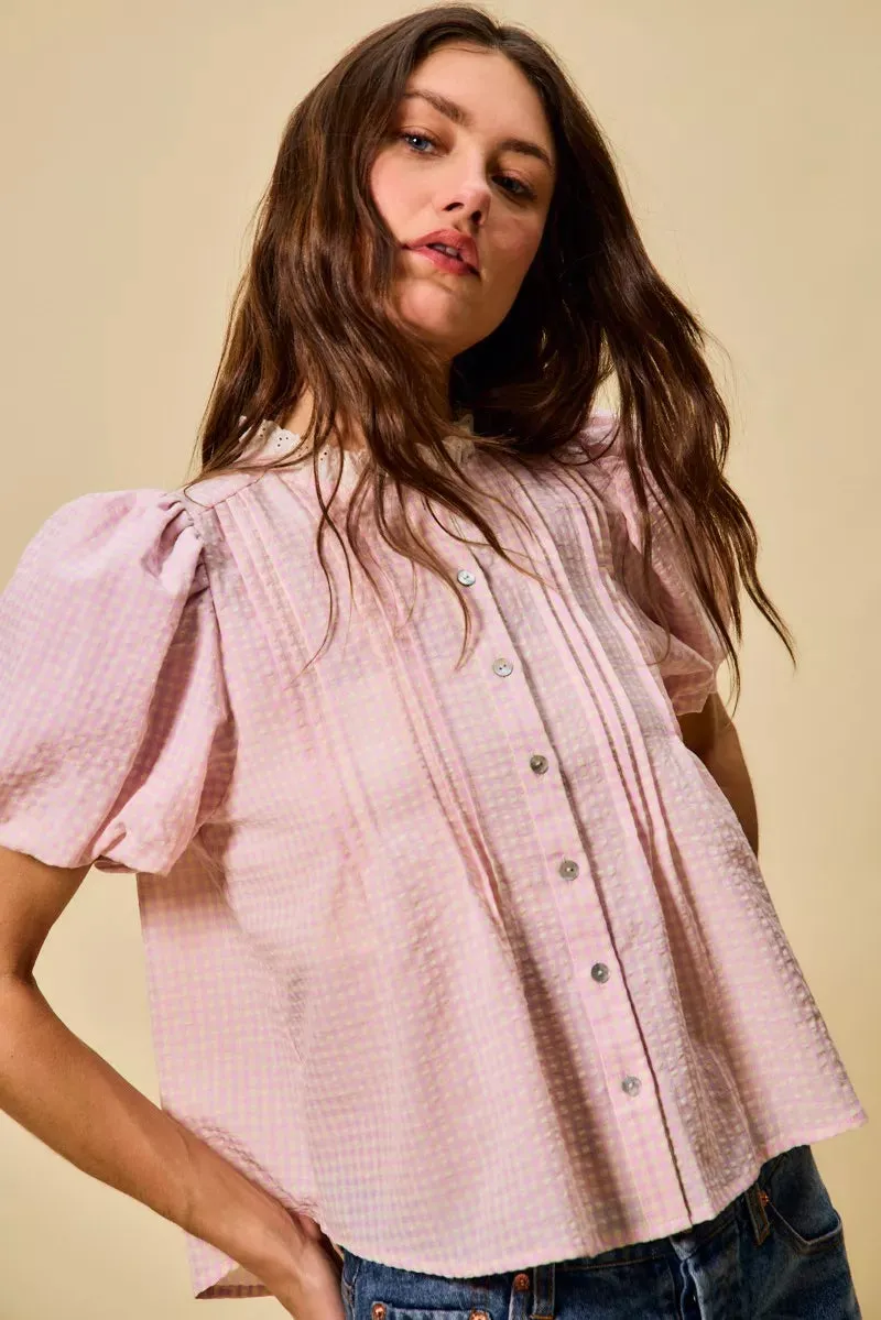 SO ME Gingham Lace Trim Button Bubble Sleeves Blouse sold by Charming Charlie product image thumbnail 4